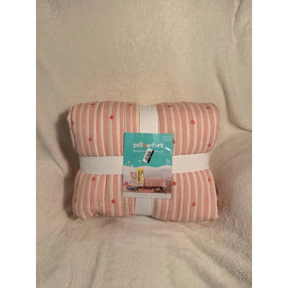 Pillowfort Twin Patisserie Heart Striped Kids Quilt Set Pink Multicolor
